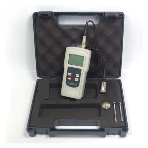 Handheld Digital Vibration Meter With Three Measurement Modes Displacement Velocity And Acceleration Portable Lightweight Tester With One Handed Operation And Large LCD Display Readouts In Metric And Imperial For Field And Lab Vibration Analysis in case