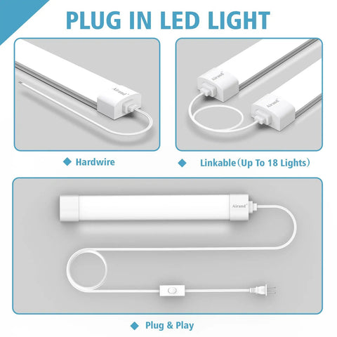 Bright LED Ceiling Light Fixture With Plug 5000K Triproof LED Tube Light 16W Linkable Closet Lighting with cord and connection options