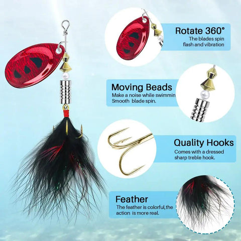 Close-up of a dressed spinnerbait with treble hook, part of the 10 Piece Spinner Lures Kit With Tackle Box For Freshwater And Saltwater Fishing