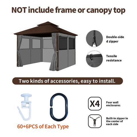 10x10 Outdoor Gazebo Privacy Curtain Set With 4 Panels Waterproof Sidewalls With Zippers And Hidden Mesh Windows, accessories shown