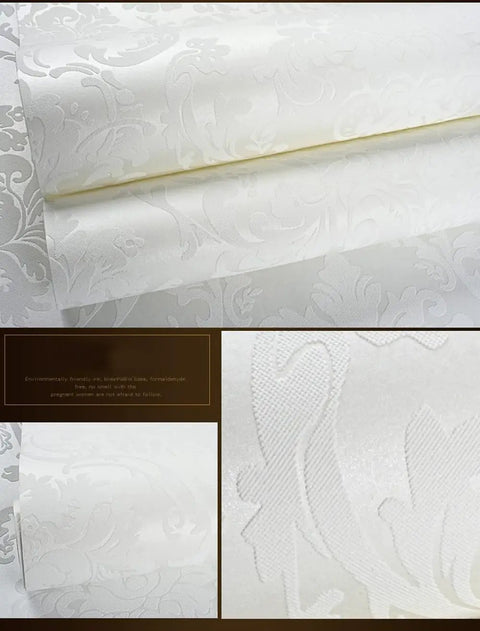 Vintage Cream White Victorian Damask Wallpaper Roll Featuring Rich Embossed Non Woven Texture For Bedroom Living Room Decor That Will Instantly Level Up Your Home Vibe close-up of embossed design and texture.