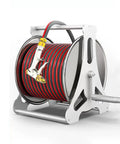 Heavy Duty Wall Mount Hose Reel Cart With Multi Function Spray Gun For Garden Watering And Car Washing Smooth Operator yard work with red PVC hose.