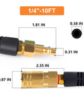 Reinforced Polyurethane Recoil Air Hose With Bend Restrictor One Quarter Inch By Ten Feet Black Lightweight And Tangle Free Anti Kink Design With Auto Retract For Easy Storage Includes Industrial Quick Coupler And Plug close-up view of fittings