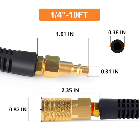 Reinforced Polyurethane Recoil Air Hose With Bend Restrictor One Quarter Inch By Ten Feet Black Lightweight And Tangle Free Anti Kink Design With Auto Retract For Easy Storage Includes Industrial Quick Coupler And Plug close-up view of fittings