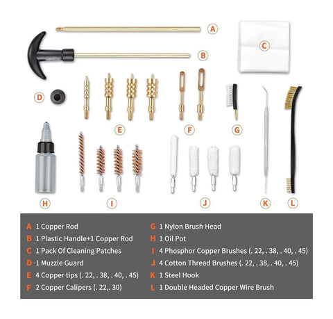 Essential 21 Piece Portable Gun Cleaning Kit With Universal Case Featuring Anti Slip Handle For Easy Maintenance And Emergency Repairs To Keep Your Firearm Running Smooth Without Waiting For Help. 21-piece set with rods, brushes, patches, oil bottle, and case