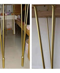 Heavy Duty 28 Inch Gold Hairpin Table Legs With Adjustable Leveling Bolts For Modern Dining And Coffee Tables viewed from underneath.
