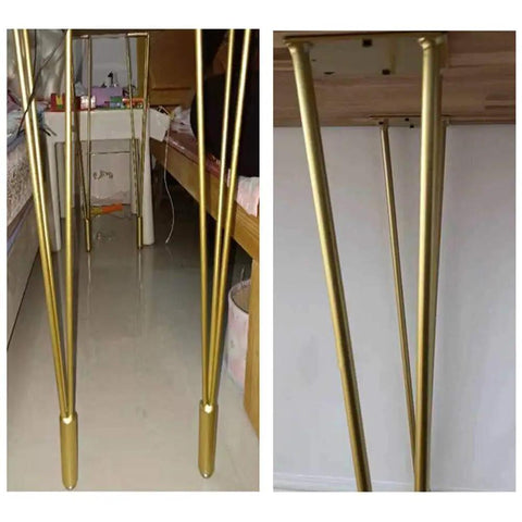 Heavy Duty 28 Inch Gold Hairpin Table Legs With Adjustable Leveling Bolts For Modern Dining And Coffee Tables viewed from underneath.