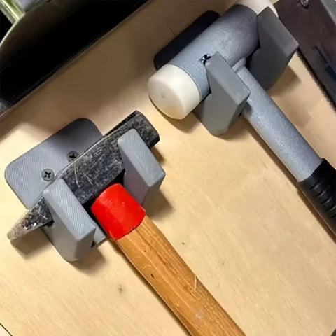 Dual Hammer Holder Wall Mount Set for Garage and Workshop, Heavy Duty Storage Rack With Two Screw Hole Brackets holding hammers