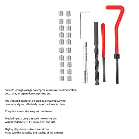 M7 Thread Repair Kit 25Pcs Stainless Steel Inserts With Twist Drill And Wrench displayed with tools and inserts