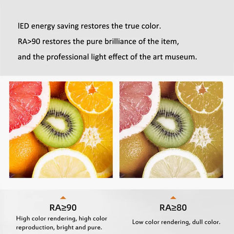 Color comparison between fruits showing high RA≥90 and lower RA≥80 color rendering effects under LED lighting.