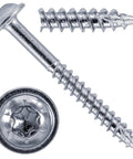 Close-up of 7 X 1-1/2 Inch Fine Thread Pocket Hole Screws Torx T-20 Drive for Cabinetry and Furniture Zinc Silver Finish