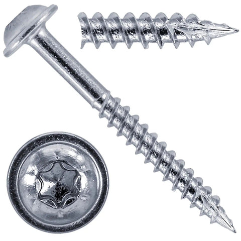 Close-up of 7 X 1-1/2 Inch Fine Thread Pocket Hole Screws Torx T-20 Drive for Cabinetry and Furniture Zinc Silver Finish