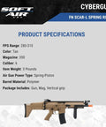 Scar L Licensed Full Size Spring Powered Airsoft Rifle With Manual Cocking; tan color, polymer barrel, specifications listed