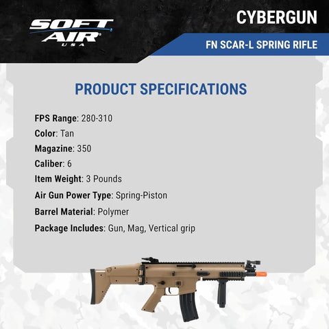 Scar L Licensed Full Size Spring Powered Airsoft Rifle With Manual Cocking; tan color, polymer barrel, specifications listed