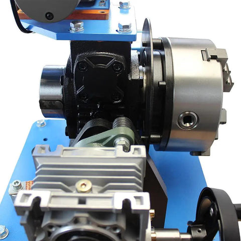Heavy Duty Rotary Welding Turntable With Eight Inch Chuck And Zero To Ninety Degree Tilt Base close-up of motor and chuck assembly.