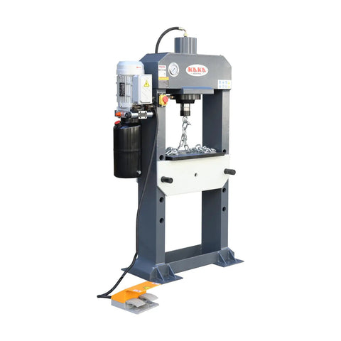 Front view of 25-Ton H-Frame Hydraulic Shop Press Workhorse with foot pedal and pressure gauge for metal forming, HP-25F