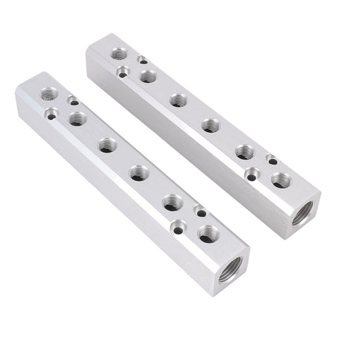 Two aluminum Six Way Air Compressor Manifolds With Eight Ports And One Half Inch NPT Supply Port And One Quarter Inch NPT Outputs