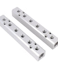 Six Way Eight Port Aluminum Air Manifold Distribution Block With One Quarter Inch NPT Output And One Half Inch NPT Supply Port For Industrial Pneumatic Systems Built Tough For Heavy Duty Tool Lines, visible in a pair.