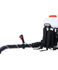 Side view of Gas Powered Mosquito Fogger Backpack Sprayer With 20L Tank for Garden and Farm, featuring 55.7cc engine and long misting tube