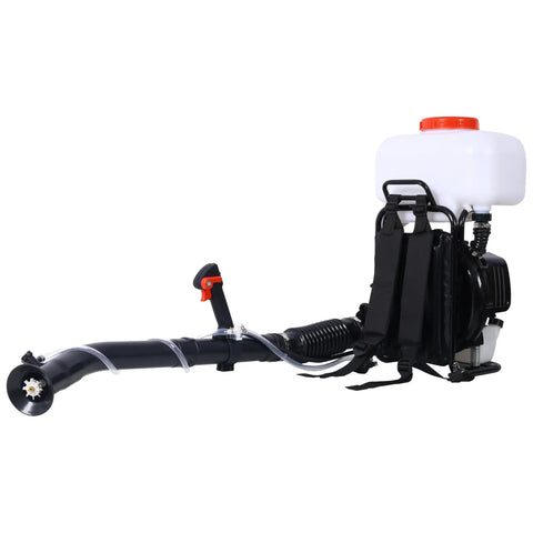 Side view of Gas Powered Mosquito Fogger Backpack Sprayer With 20L Tank for Garden and Farm, featuring 55.7cc engine and long misting tube