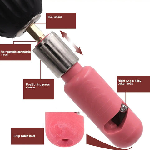 Power Assisted Electric Wire Stripper For 2.5mm Cable, showing hex shank, retractable rod, and alloy cutter head.