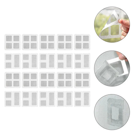 DIY Fiberglass Screen Repair Kit With Self Adhesive Mesh Patches For Windows And Doors Easy Quick Tear Fix For Home Use Pro Grade Patch Tape For Screen Repair shown with multiple light grey patches and application close-ups.