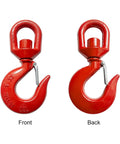 Built Like A Tank Heavy Duty Swivel Lifting Hook Featuring A Secure Safety Latch And Five Ton Working Load Limit, red, front and back view.