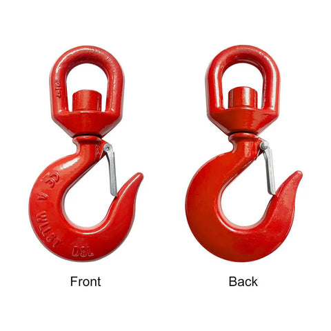 Built Like A Tank Heavy Duty Swivel Lifting Hook Featuring A Secure Safety Latch And Five Ton Working Load Limit, red, front and back view.