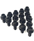 Front view of set of four black 6Al4V Titanium M5x12mm Bike Bolts With Washers For MTB Water Bottle Cage Hex Screws on white background.