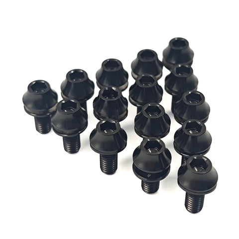 Front view of set of four black 6Al4V Titanium M5x12mm Bike Bolts With Washers For MTB Water Bottle Cage Hex Screws on white background.