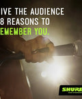 Hand holding SM58 LC Dynamic Vocal Microphone For Live Gigs And Studio Sessions with text "Give the audience 58 reasons to remember you."