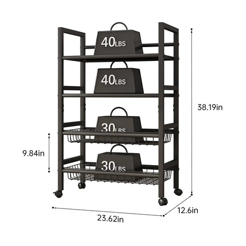 Rolling Metal Storage Cart With Removable Grid Basket And Locking Wheels For Kitchen Pantry And Home Organization A Real Workhorse Four Tier Mobile Organizer That Keeps Dishes Groceries Or Tools Neatly In Reach with weights showing load capacity and dimensions.