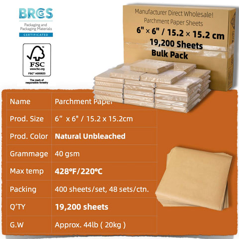 Heavy Duty 6X6 Inch Pre Cut Parchment Paper Squares 19200 Ct Bulk Case in natural unbleached color for commercial baking use.