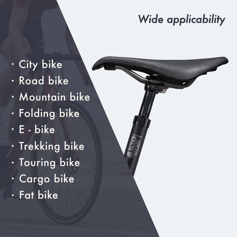Suspension Seatpost With MDU Rubber Memory Damper For A Cushy Ride 45mm Travel Ultralight Aluminum Body displaying usage