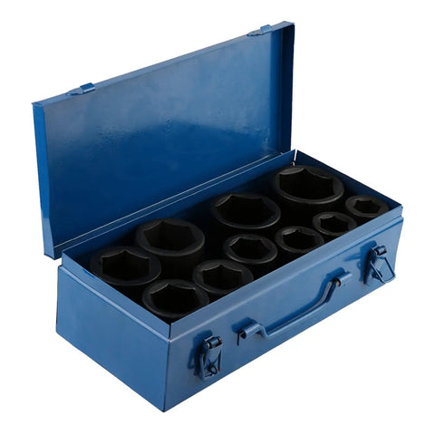 Premium 10 Piece Metric Impact Socket Set With Deep Chrome Vanadium Steel Sockets Ranging From 22mm To 50mm For Heavy Duty Automotive Repair And Professional Garage Work That Is Totally Built Tough, in blue storage case
