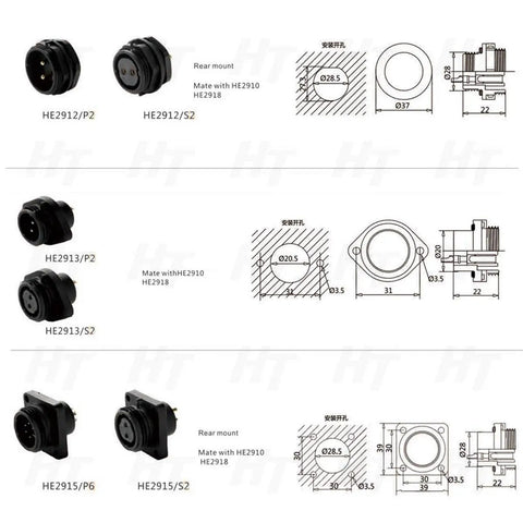 9 Pin Outdoor Waterproof Circular Electrical Connector Set With Threaded Angled Plug And Panel Socket For Industrial Power, Rugged And Reliable, Weatherproof, Male And Female, 12-15mm Cable, 14AWG, black rear-mount sizes