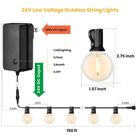 Diagram of Remote Controlled Outdoor String Lights 150 Feet With 75 Shatterproof LEDs, showing bulb size and wiring details.