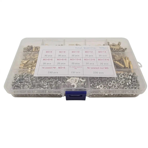 Brass Standoff Screws Nuts Washers Kit 910Pcs M3 Hex Spacer Assortment For DIY Projects Electronics Cabinetry And Repairs Includes Male And Female Threads With Precise Thread Design. clear organizer box with M3 brass spacers, nuts, washers and screws