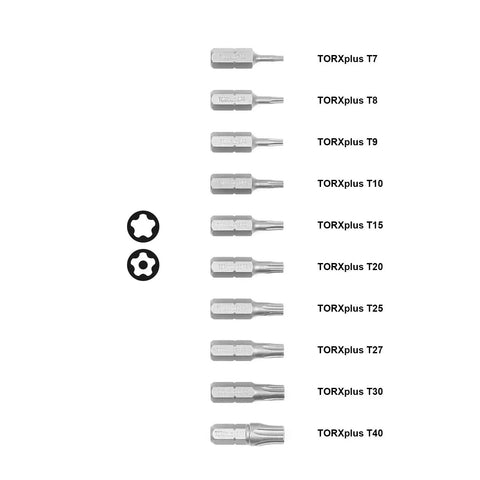 Torx Plus Five Point Tamper Proof Security Bits Set Ten Pieces 25mm IPR 7 Through 40 Beefy Heavy Duty S2 Steel With One Quarter Inch Hex Shank Universal Fit And Durable Drive Bits Holder