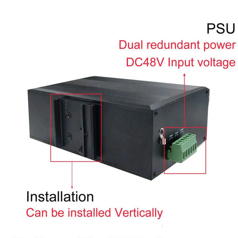 Side view of Industrial Switch 8-Port Gigabit Ethernet with PoE 240W Total and DIN rail mount showing power input and installation options