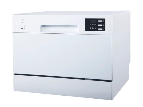 Compact Countertop Dishwasher Featuring A Slick Digital Interface And Six Heavy Duty Wash Cycles Engineered For Top Tier Energy Savings With Quick Connect Faucet Adapter And Flexible Delay Start For A Truly No Sweat Cleaning Routine In Crisp White.