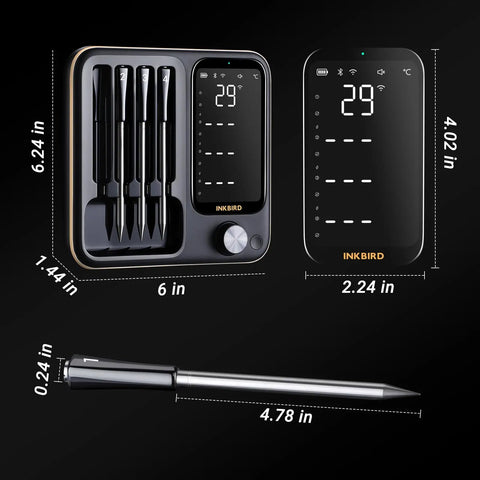 Four Probe Wireless Meat Thermometer With WiFi And Bluetooth Non Phone Connect Mode For Grilling On Rotisserie Grill Or Oven Like A Pro, Waterproof And Dishwasher Safe, Unlimited Range, Works With iOS And Android; black thermometer and probe sizes shown