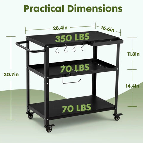 Outdoor Grill Cart Table With Pizza Oven Stand For Indoor And Outdoor Cooking 4 Locking Casters Side Handle Hooks Spice Caddy Paper Towel Holder Large Prep Surface Heavy Duty Black