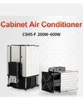 Heavy Duty PTC Cabinet Air Conditioner And Heater Top Notch Aluminum Enclosure With Smart Thermostatic Fan For Six Hundred Watt Cooling And Effortless Dehumidification, front and side view.