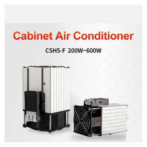 Heavy Duty PTC Cabinet Air Conditioner And Heater Top Notch Aluminum Enclosure With Smart Thermostatic Fan For Six Hundred Watt Cooling And Effortless Dehumidification, front and side view.
