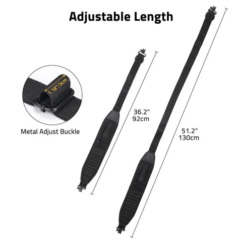 Two Point Shotgun Sling With 6 Shell Holders For 20 Gauge, Non Slip Shoulder Pad showing adjustable length and metal buckle.