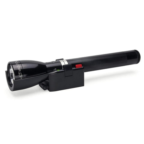 1082 Lumen LED Rechargeable Flashlight With 458 Meter Beam Five Mode Tactical Light Featuring High Low Eco Momentary And Strobe LiFePO4 Battery For Long Lasting Power Black, shown on cradle charger, sleek black design