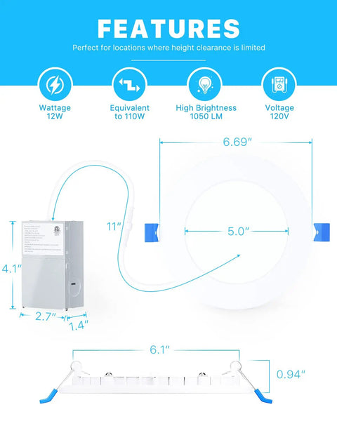Diagram of Ultra Thin 6 Inch LED Recessed Light With Junction Box 2700K Soft White 12W 110W Equivalent Dimmable Can Killer Downlight