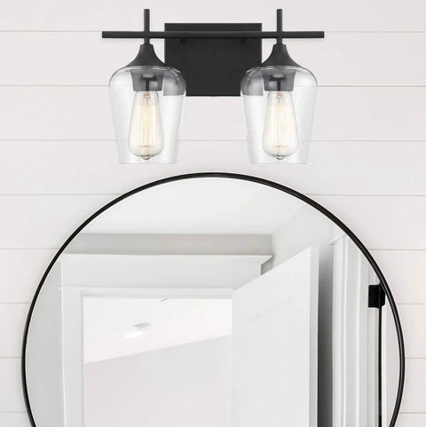 Dope Octave Bohemian Clear Glass Vanity Wall Light Two Light Bath Fixture In Warm Brass 120 Total Watts mounted above mirror
