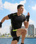 Man running by waterfront wearing Four Pack Palm Brace Wrist Support Sleeves For Men And Women, All Day Comfort, Carpal Tunnel Relief, Compression Gloves For Hand Pain, Fitness And Sports Gear, Black And Nude, Size 3.5 To 4.3 Inches, black color.